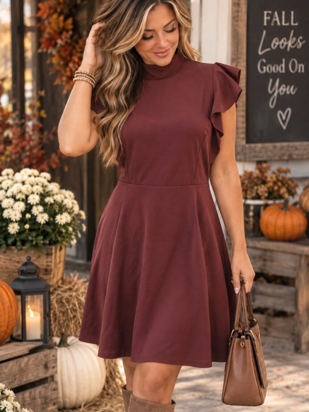 Francesca’s Burgundy Ruffle Sleeve Fit & Flare Dress L NWT